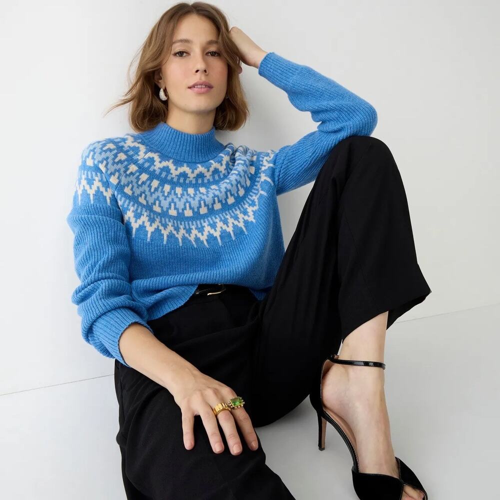 J. CREW Blue Fair Isle Mock Neck Sweater Sz Small Wool Blend Nordic Yoke Holiday